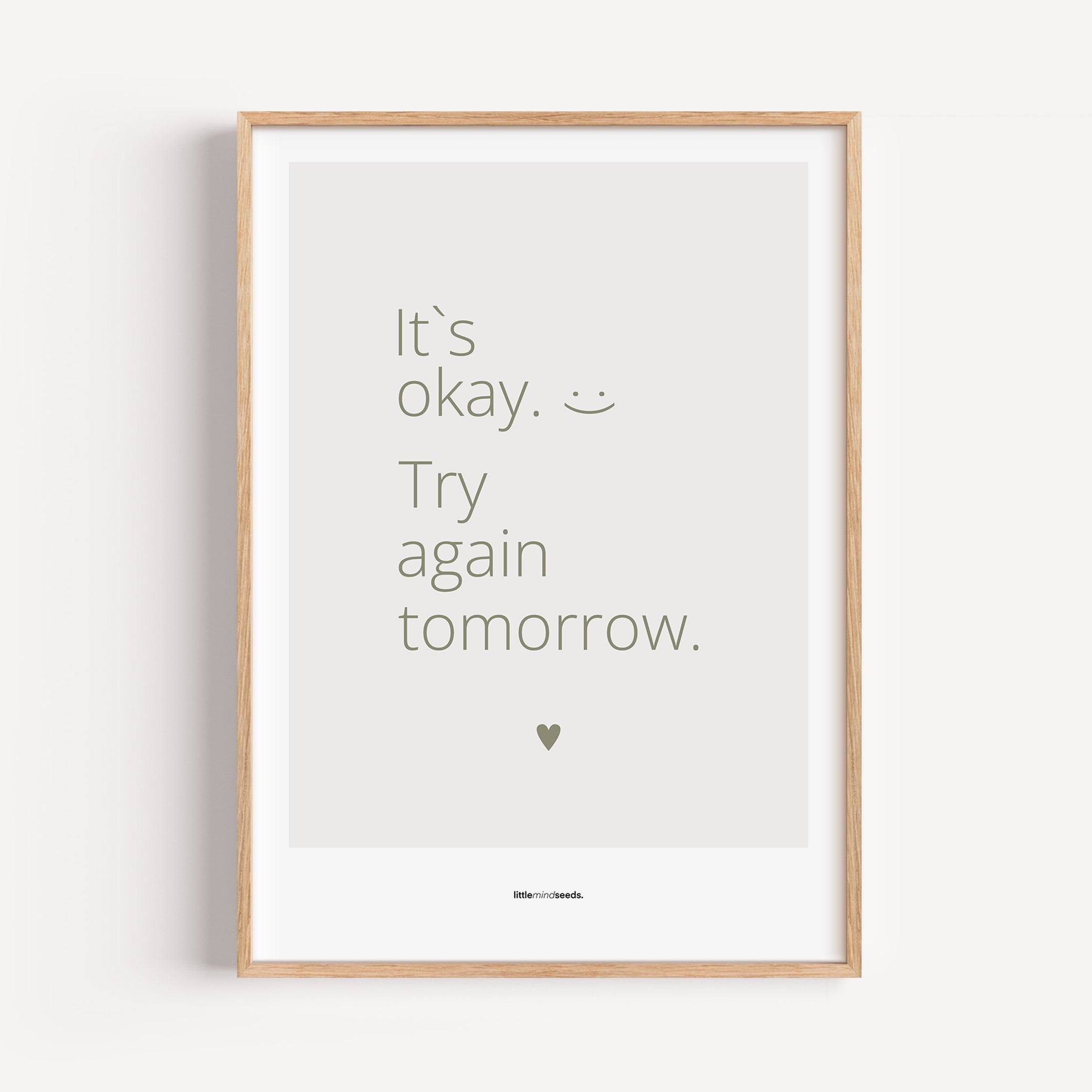 "It’s OK, Try Again Tomorrow" – Resilience & Confidence Wall Art to Build Self-Belief & Grit | Motivational Quality Framed Poster | Minimalist Wall Art – Light Gray