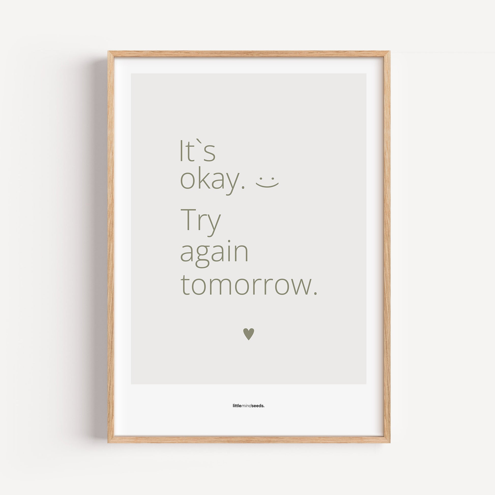 "It’s OK, Try Again Tomorrow" – Resilience & Confidence Wall Art to Build Self-Belief & Grit | Motivational Quality Framed Poster | Minimalist Wall Art – Light Gray