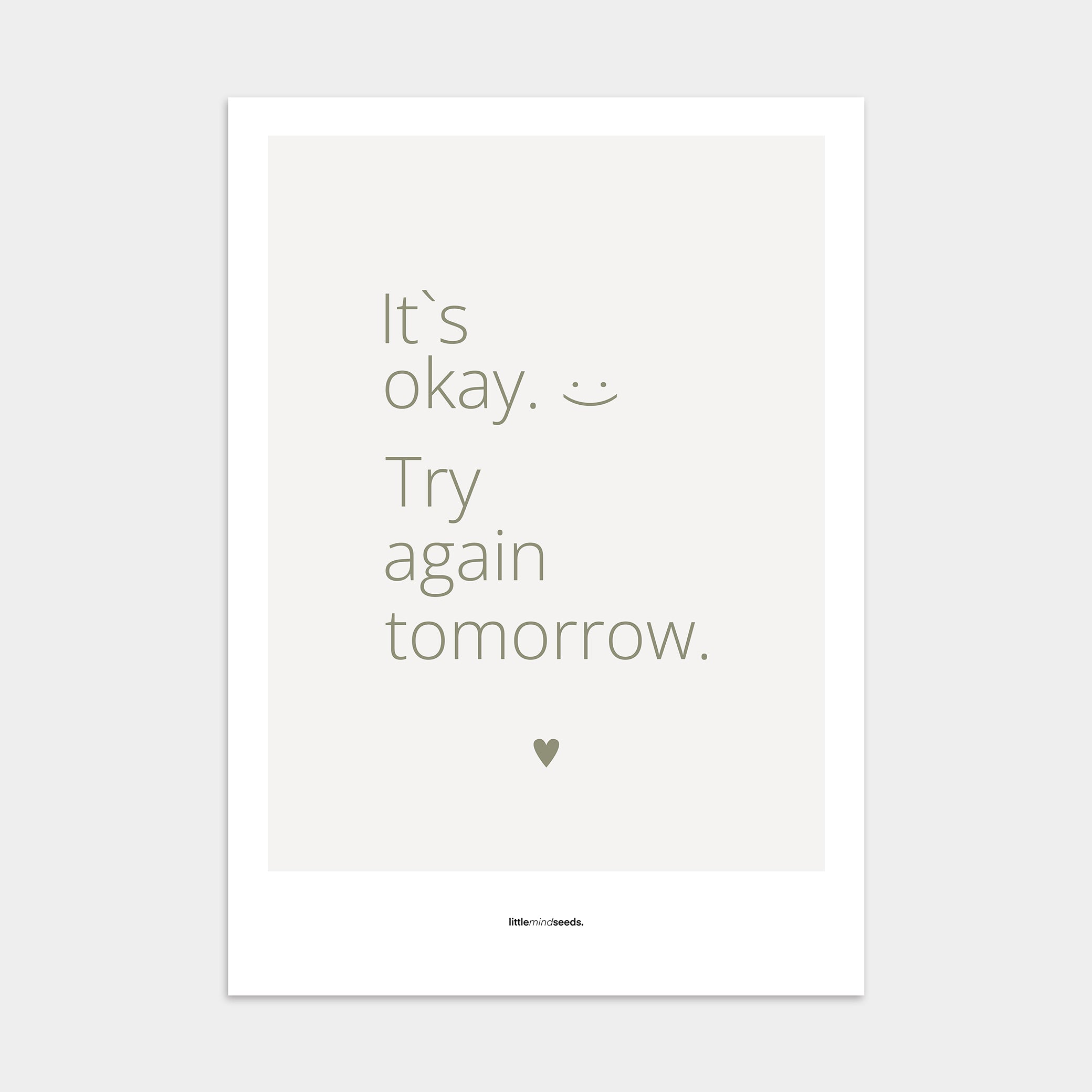"It’s OK, Try Again Tomorrow" – Resilience & Confidence Wall Art to Build Self-Belief & Grit | Motivational Poster | Minimalist Wall Art – Light Gray